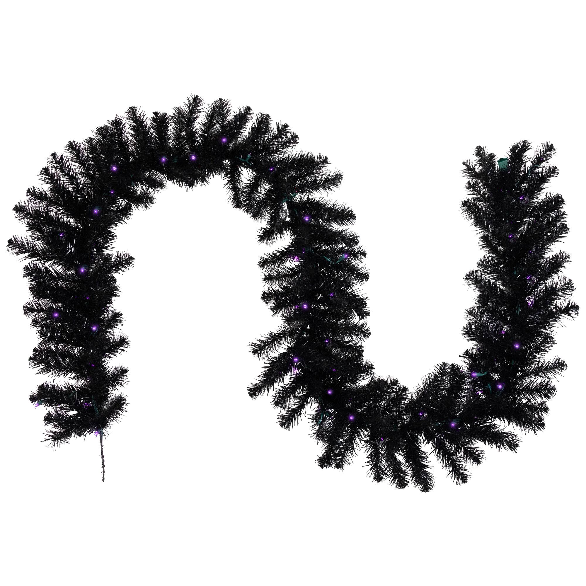 9ft. Purple LED Pre-Lit Black Crystal Pine Artificial Halloween Garland